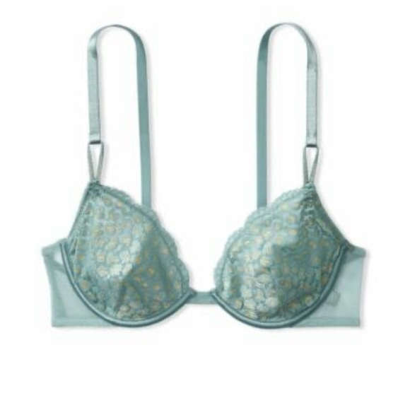 Victoria’s Secret Underwire Gold Metallic Lace Demi Bra Blue Size 32D NWT - Picture 1 of 10